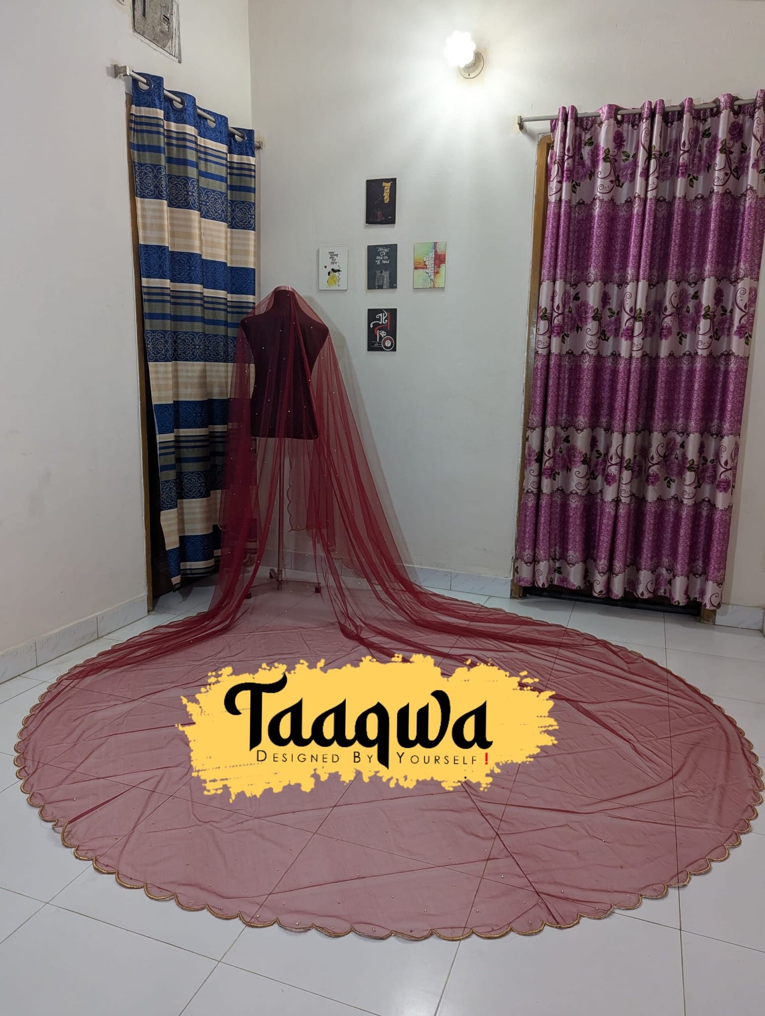 Premium Meroon Cut-Embro Long Veil