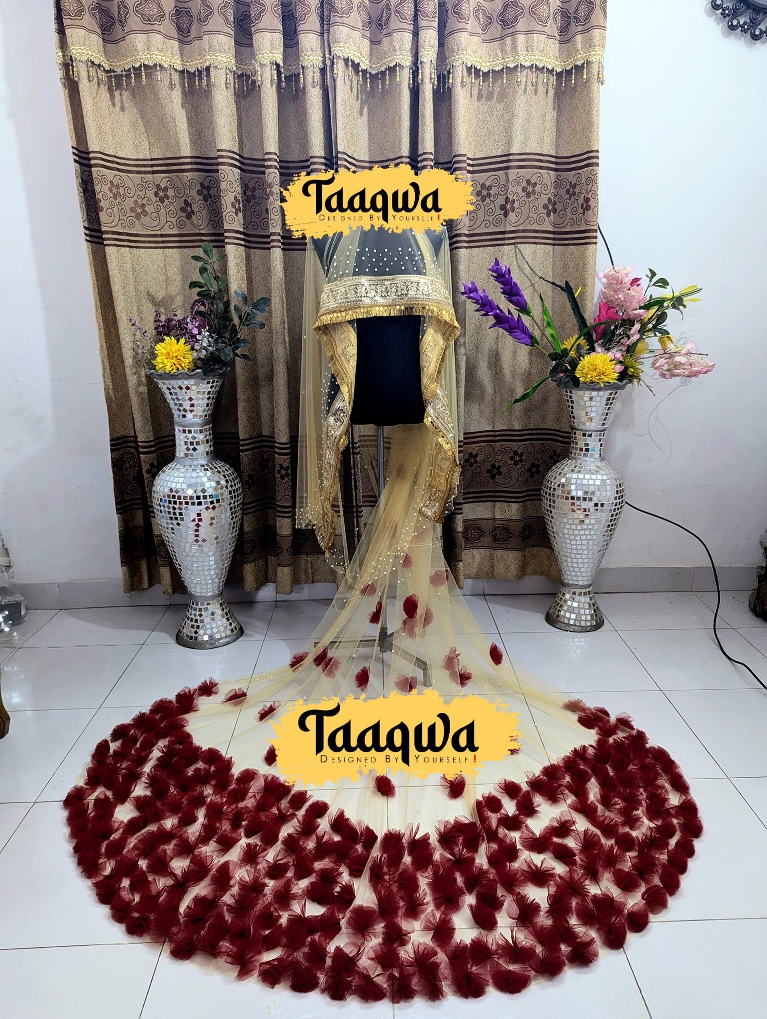 Luxury Hand-Crafted Long Floral Veil (Golden/Meroon)