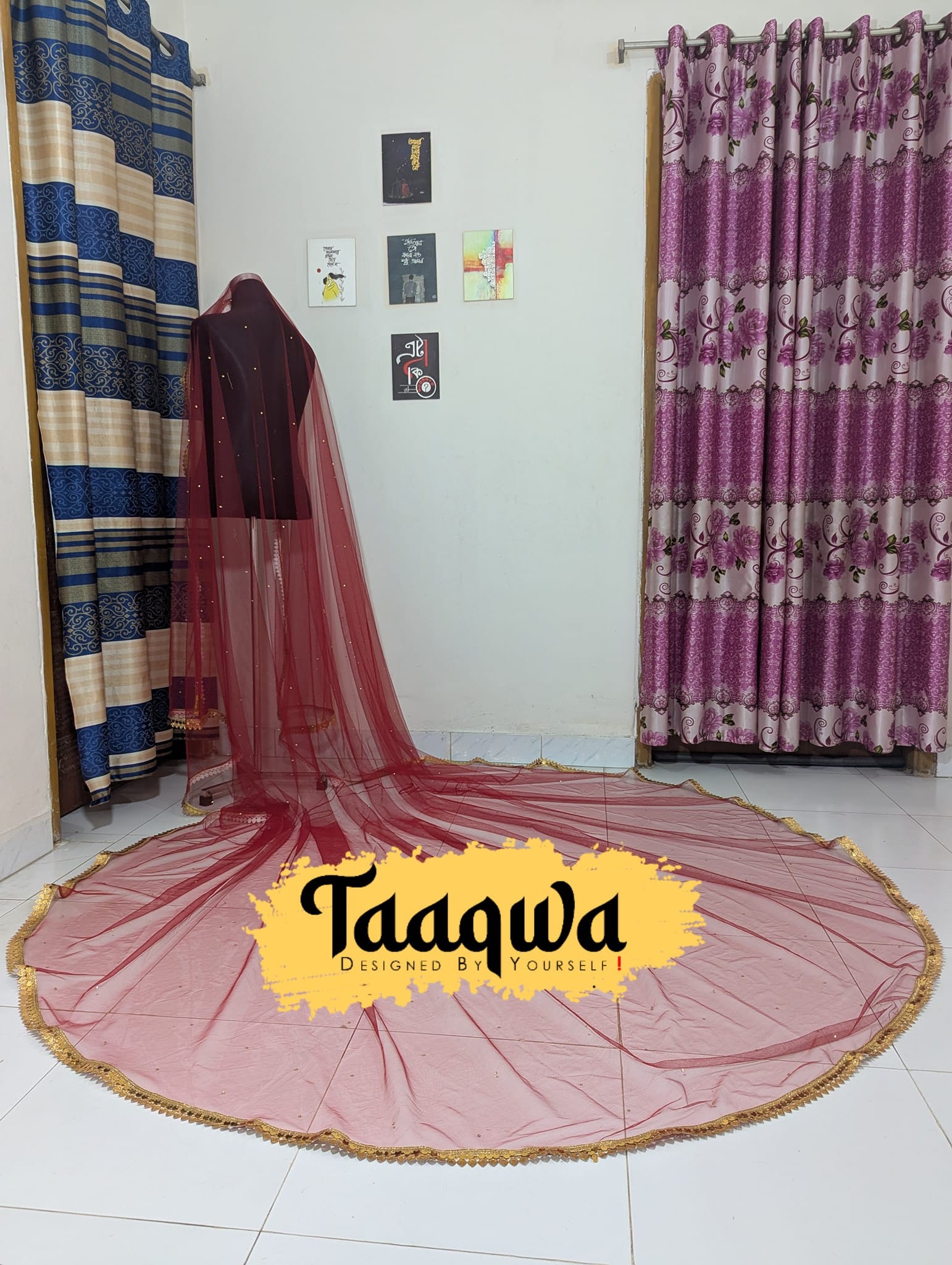 Premium Meroon Long Patti Tailcut Veil